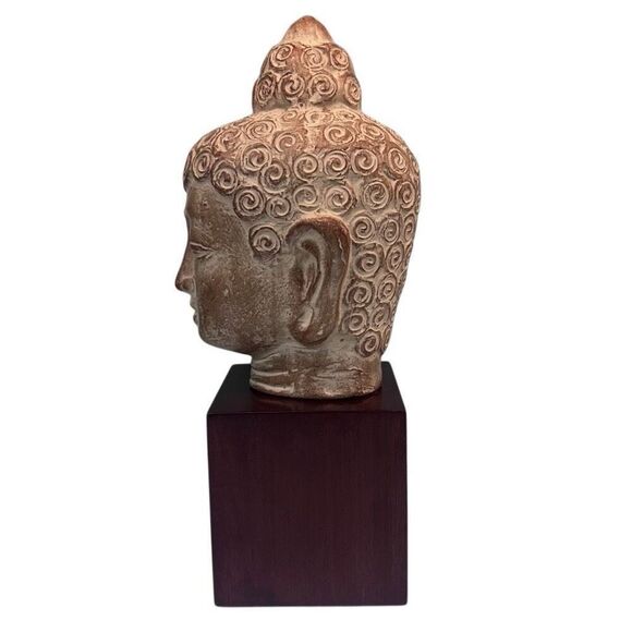 Buddha Head Ceramic Statue On A Wood Stand 12" Brown Tan Square Cube Base - Picture 10 of 14